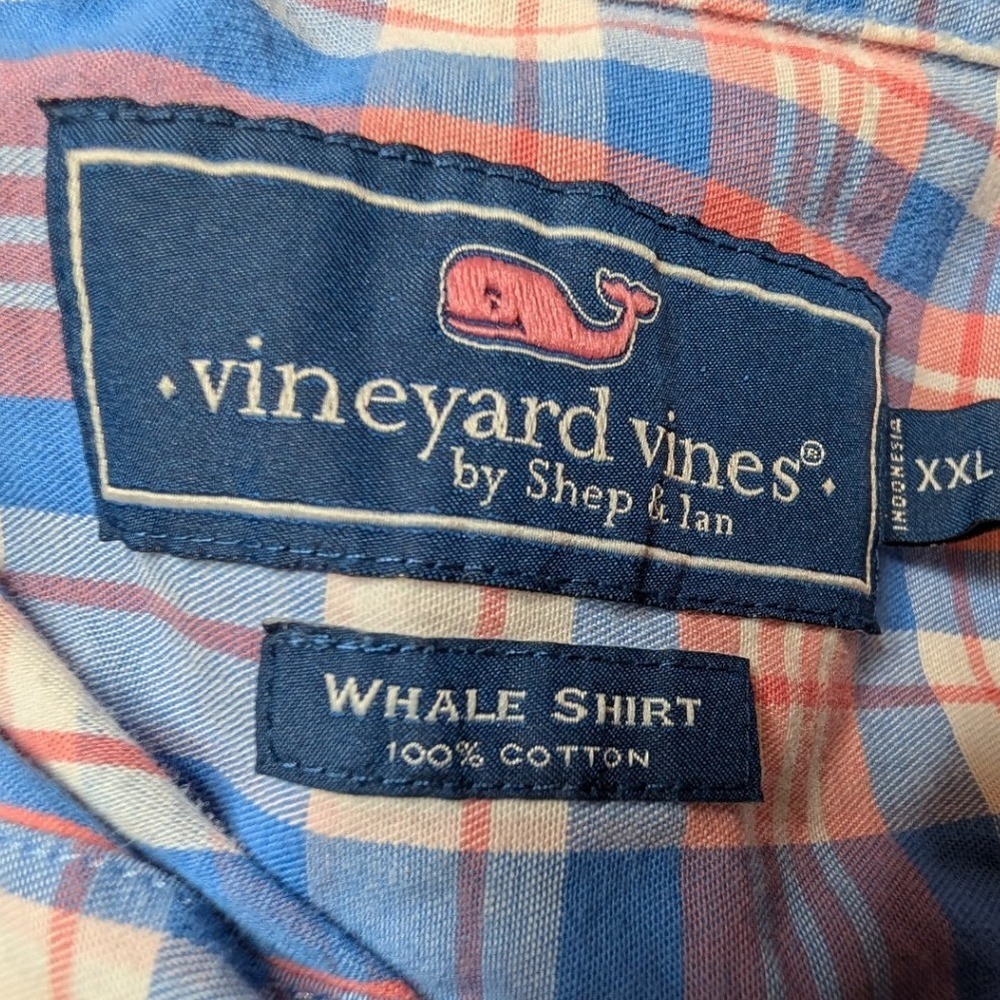 Vineyard Vines Button Up Mens XXL Blue Pink Whale Shirt Plaid 1W011375 Cotton - Picture 2 of 6